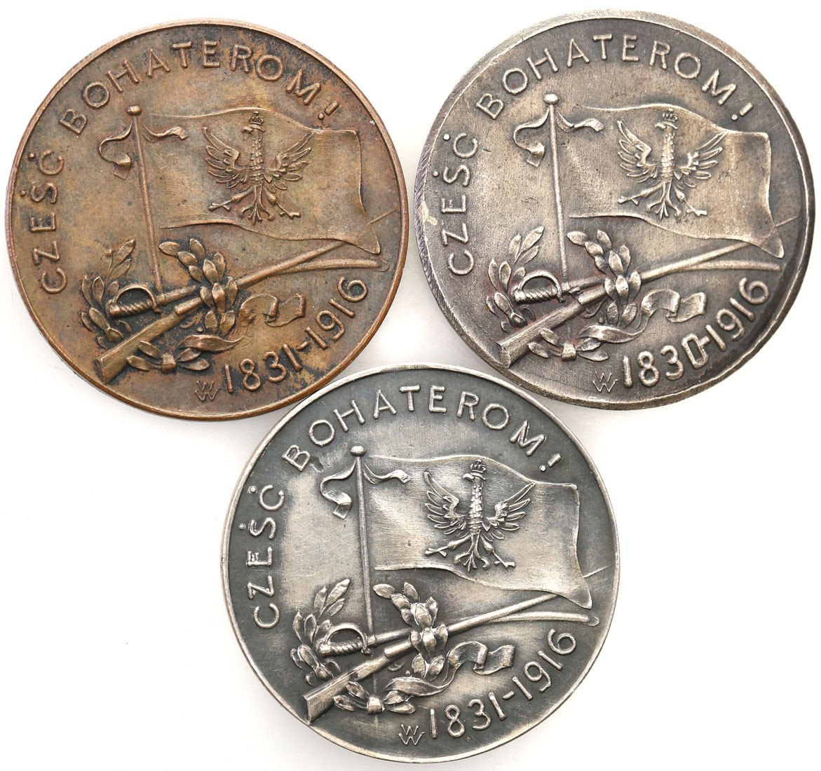 Polska. Medale 1916 r. 85 rocznica Powstania Listopadowego 1916, zestaw 3 sztuk